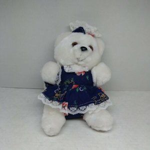 Shalom Toy Co. Plush Bear White Stuffed Animal Toy with Blue Dress Brown Eyes 8"